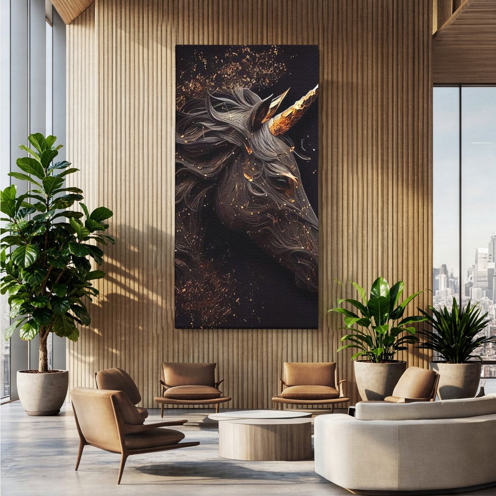 Tablou canvas cu portret de unicorn negru cu detalii aurii, fara rama, pe sasiu de lemn, pe perete intr-un birou
